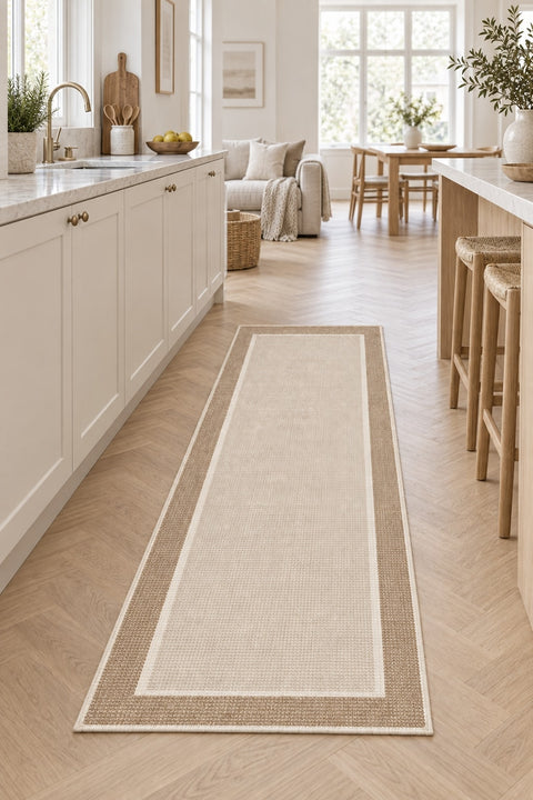 Striped Modern Kitchen Runner Rug – Beige in a kitchen