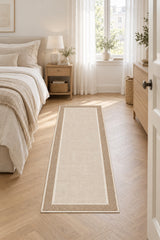 Striped Modern Kitchen Runner Rug – Beige in a bedroom
