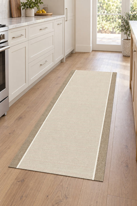 Striped Modern Kitchen Runner Rug – Beige in a kitchen