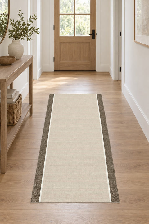 Striped Modern Kitchen Runner Rug – Brown in a hallway