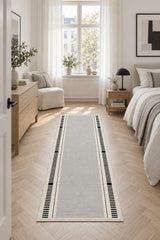 Striped Modern Kitchen Runner Rug – Cream in a bedroom