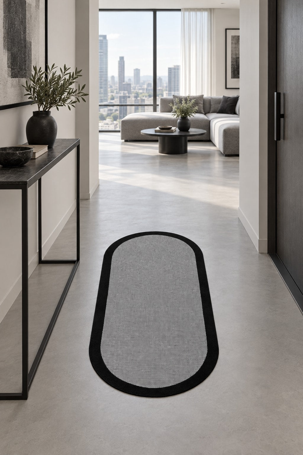 Striped Modern Oval Kitchen Rug – Gray in a hallway