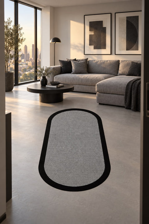 Striped Modern Oval Kitchen Rug – Gray in a living room