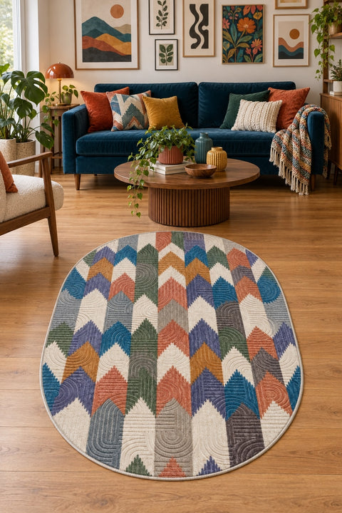 Striped Modern Oval Rug in a living room
