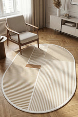 Striped Modern Oval Rug – Beige in a living room
