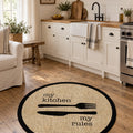 Striped Modern Round Kitchen Rug – Black in a kitchen