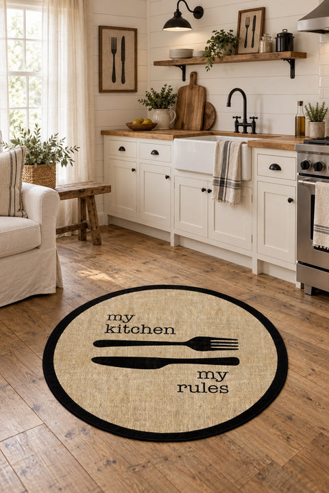 Striped Modern Round Kitchen Rug – Black in a kitchen