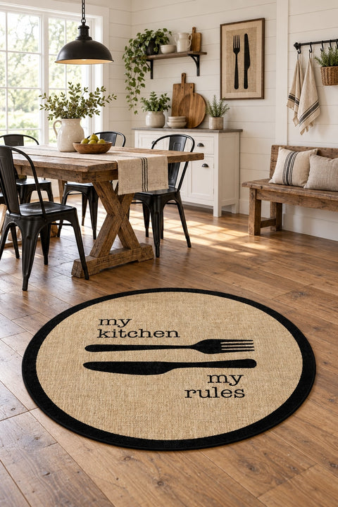 Striped Modern Round Kitchen Rug – Black in a dining room