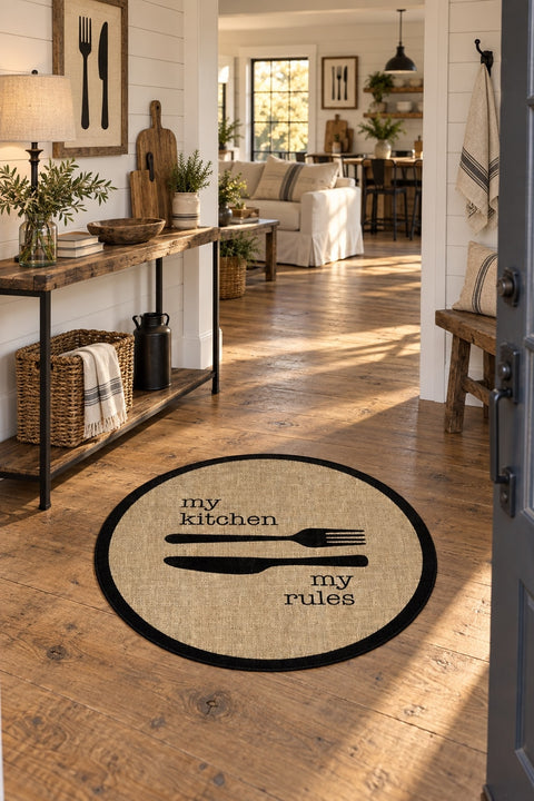 Striped Modern Round Kitchen Rug – Black in a hallway
