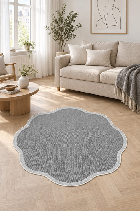 Striped Modern Round Kitchen Rug – Gray in a living room