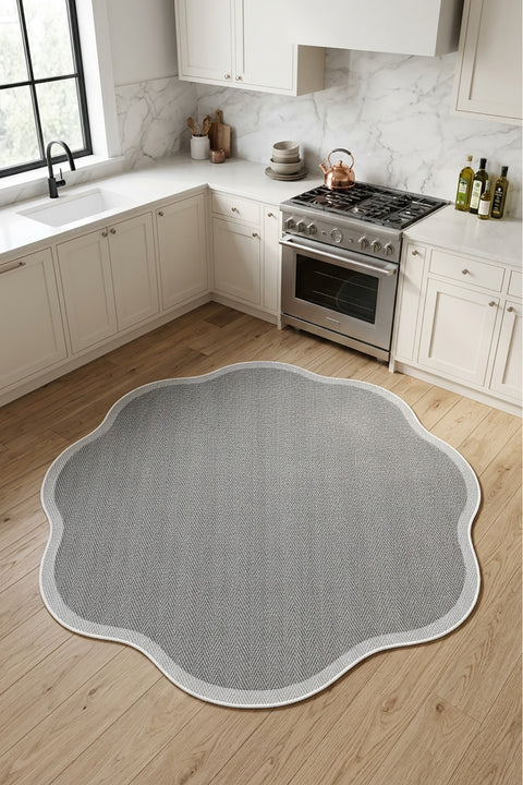 Striped Modern Round Kitchen Rug – Gray in a kitchen