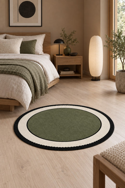 Striped Modern Round Kitchen Rug – Green in a bedroom
