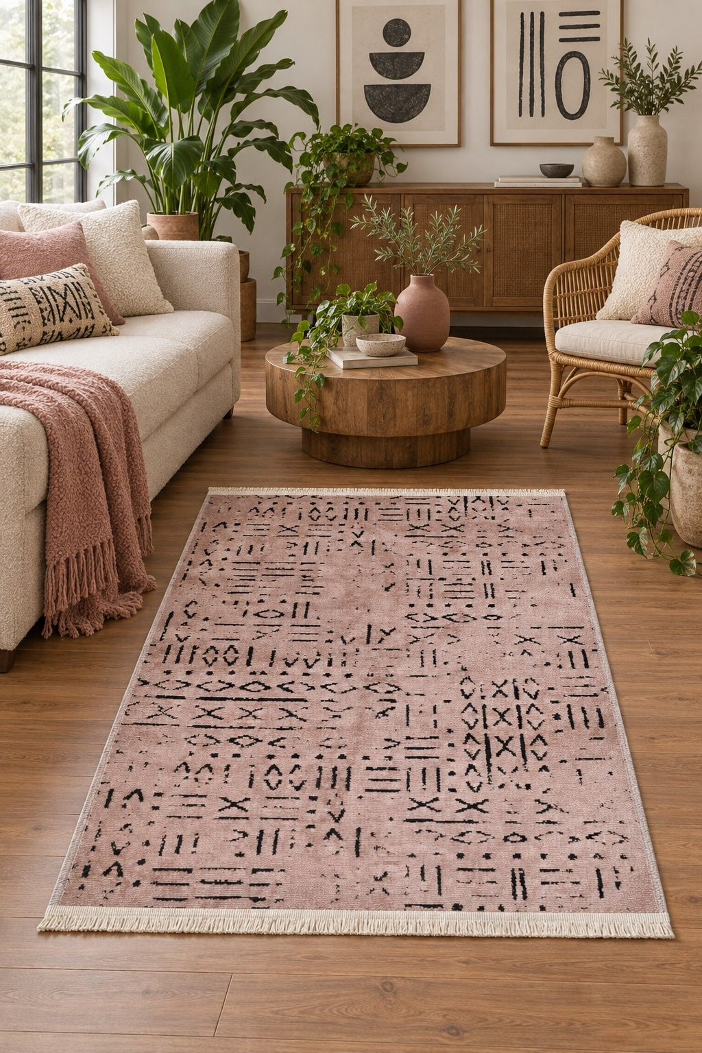 Striped Scandinavian Area Rug – Beige & Taupe in a living room
