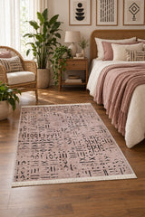 Striped Scandinavian Area Rug – Beige & Taupe in a bedroom