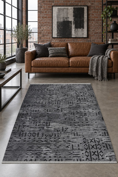 Striped Scandinavian Area Rug – Charcoal in a living room