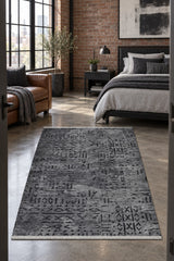 Striped Scandinavian Area Rug – Charcoal in a bedroom