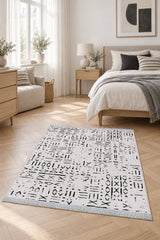 Striped Scandinavian Area Rug – White in a bedroom