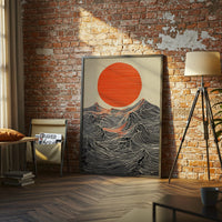 Sun and Waves Wall Print – Minimal Ocean Poster, Expressive Japanese Style Artwork, Bold Contemporary Home Decor