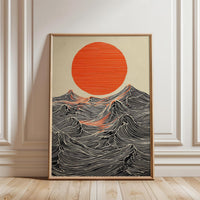 Sun and Waves Wall Print – Minimal Ocean Poster, Expressive Japanese Style Artwork, Bold Contemporary Home Decor