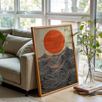 Sun and Waves Wall Print – Minimal Ocean Poster, Expressive Japanese Style Artwork, Bold Contemporary Home Decor