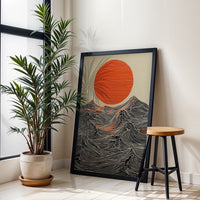 Sun and Waves Wall Print – Minimal Ocean Poster, Expressive Japanese Style Artwork, Bold Contemporary Home Decor