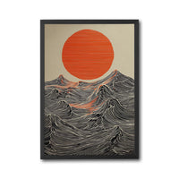 Sun and Waves Wall Print – Minimal Ocean Poster, Expressive Japanese Style Artwork, Bold Contemporary Home Decor