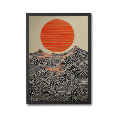Sun and Waves Wall Print – Minimal Ocean Poster, Expressive Japanese Style Artwork, Bold Contemporary Home Decor