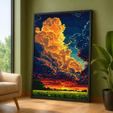 Sunset Cloud Retro Pixel Wall Art – Abstract Orange Landscape Print