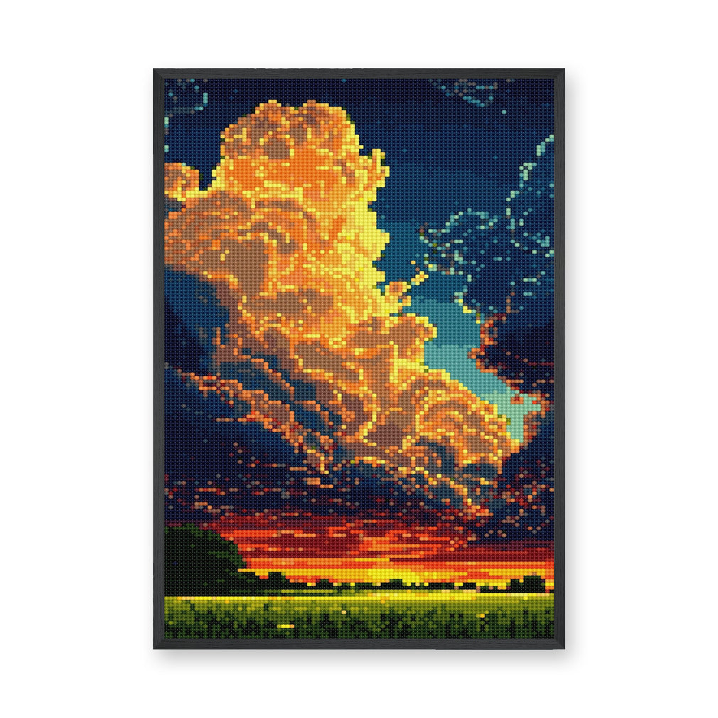 Sunset Cloud Retro Pixel Wall Art – Abstract Orange Landscape Print