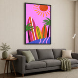 Surfboard Palm Tree Pop Art Wall Art – Retro Coastal Sun and Wave
