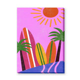 Surfboard Palm Tree Pop Art Wall Art – Retro Coastal Sun and Wave