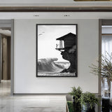 Surfer Ocean Coastal Wall Art – Black and White Cliff Wave Print