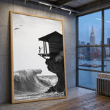 Surfer Ocean Coastal Wall Art – Black and White Cliff Wave Print