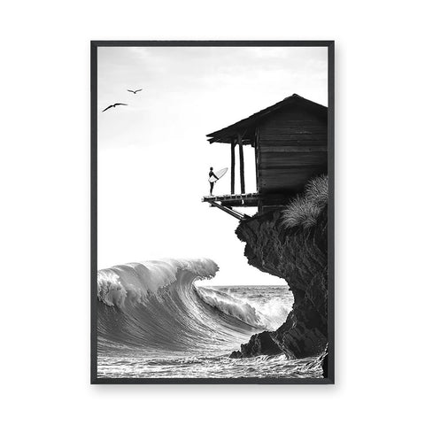 Surfer Ocean Coastal Wall Art – Black and White Cliff Wave Print