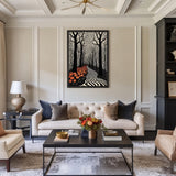Surreal Forest Line Art Wall Art – Black White Path with Orange Flowers