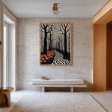Surreal Forest Line Art Wall Art – Black White Path with Orange Flowers