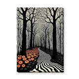 Surreal Forest Line Art Wall Art – Black White Path with Orange Flowers