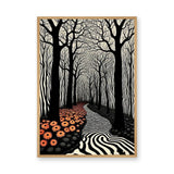 Surreal Forest Line Art Wall Art – Black White Path with Orange Flowers