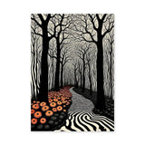Surreal Forest Line Art Wall Art – Black White Path with Orange Flowers