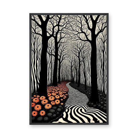 Surreal Forest Line Art Wall Art – Black White Path with Orange Flowers