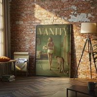 Surreal Woman with Cheetah Nostalgic Animal Art, Retro Fashion Magazine Style Wall Poster, Vanity Aesthetic Gift for Her