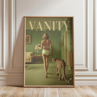 Surreal Woman with Cheetah Nostalgic Animal Art, Retro Fashion Magazine Style Wall Poster, Vanity Aesthetic Gift for Her