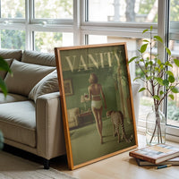 Surreal Woman with Cheetah Nostalgic Animal Art, Retro Fashion Magazine Style Wall Poster, Vanity Aesthetic Gift for Her