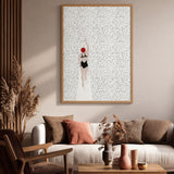 Swimmer Minimalist Wall Art – Black Suit and Red Cap on Dotted White