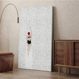 Swimmer Minimalist Wall Art – Black Suit and Red Cap on Dotted White