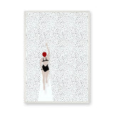Swimmer Minimalist Wall Art – Black Suit and Red Cap on Dotted White