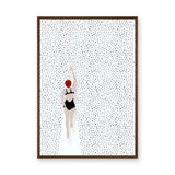 Swimmer Minimalist Wall Art – Black Suit and Red Cap on Dotted White