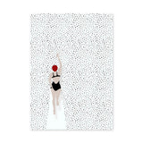 Swimmer Minimalist Wall Art – Black Suit and Red Cap on Dotted White