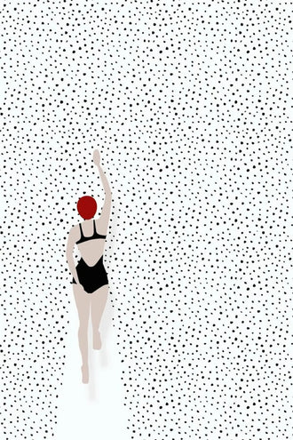 Swimmer Minimalist Wall Art – Black Suit and Red Cap on Dotted White