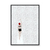 Swimmer Minimalist Wall Art – Black Suit and Red Cap on Dotted White